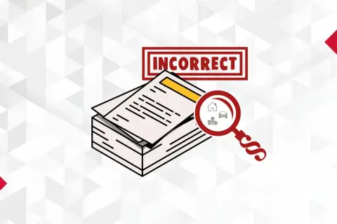 Stos dokumentów, lupa z ikonami domu, pieniędzy i samochodu, oraz napis "INCORRECT" wskazują na błąd w oświadczeniu majątkowym.