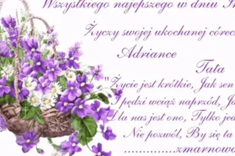 Koszyk z fioletowymi kwiatami i napisami.
