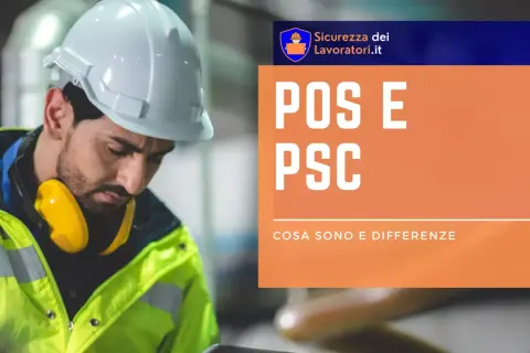 Operaio con casco e cuffie protettive, focus su POS e PSC, concetti chiave per la sicurezza sul lavoro.