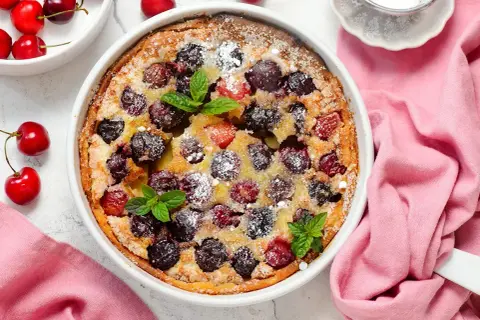 Clafoutis aux cerises, une recette de Laurent Mariotte, parsemé de sucre glace et décoré de feuilles de menthe.