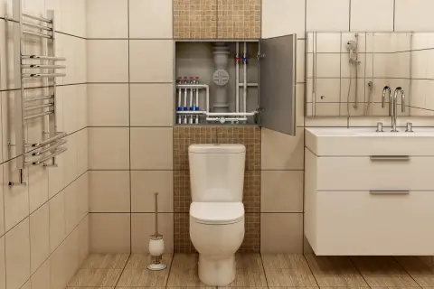 Jak ukryć rury w małej łazience? Wnęka nad toaletą z ukrytymi instalacjami i szafką.