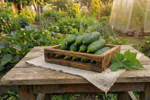 Färska gurkor i en trälåda på ett bord i trädgården. Tänk på inlagd gurka hållbarhet för att njuta av skörden länge.