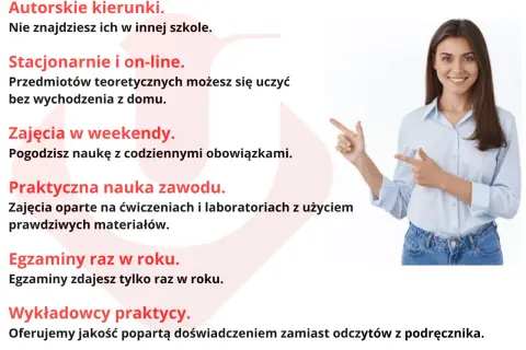 Szkoła policealna co to? Dowiedz się o autorskich kierunkach, nauce stacjonarnie i online, zajęciach w weekendy, praktycznej nauce zawodu, egzaminach raz w roku i wykładowcach praktykach.