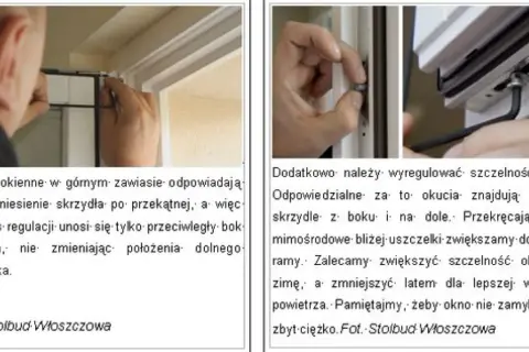 Regulacja okna góra dół: dokręcanie śrub w zawiasach i rolkach okucia poprawia szczelność.