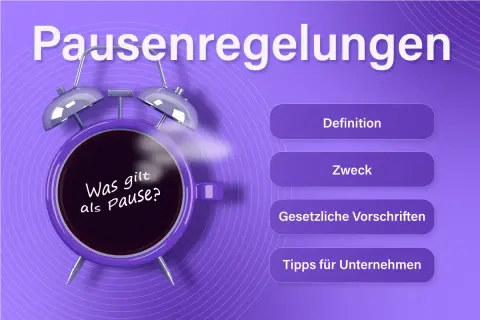 Ein Wecker mit der Frage "Was gilt als Pause?" symbolisiert die Bedeutung von Pausenregeln für die Arbeitszeit.
