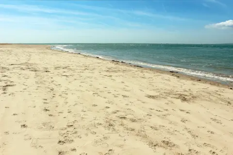 Plaża Ulinia wita piaskiem usianym śladami stóp i spokojnym morzem.