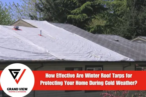 A house roof is covered with a white tarp, protecting it from cold weather. This temporary solution is crucial for roofing during winter.