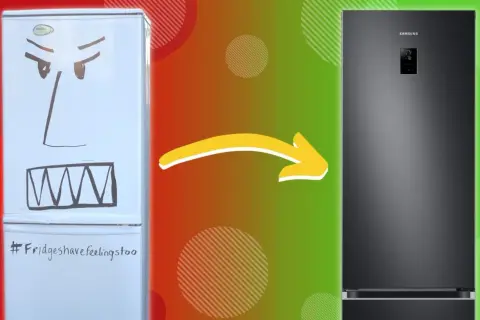 Stara lodówka z narysowaną miną kontra nowoczesny Samsung. Jaka lodówka najlepsza?