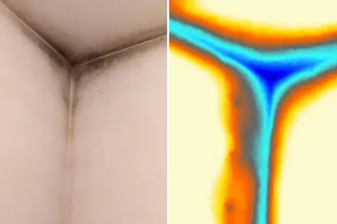 Angolo di una stanza con muffa e immagine termica che mostra la dispersione del calore, suggerendo la necessità di una pittura isolante.