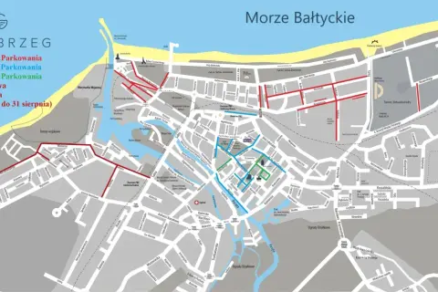 Mapa Kołobrzegu z zaznaczonymi strefami płatnego parkowania. Sprawdź, gdzie zaparkować w Kołobrzegu, aby uniknąć mandatów.