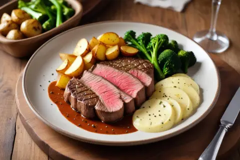 Sliced pepparbiff steak with roasted potatoes, broccoli, and mashed potatoes on a plate.