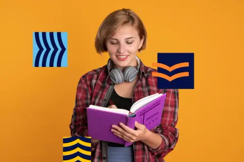 Dziewczyna w słuchawkach czyta fioletową książkę "Zbrodnia i kara" na tle pomarańczowym.