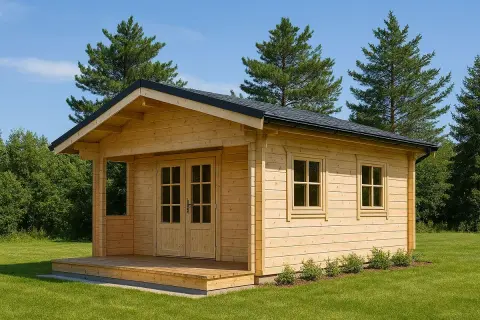 Cabaña de madera con porche y ventanas, rodeada de césped y árboles. ¿Será de abeto vs pino?