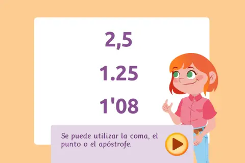 Niña explica operaciones con decimales 5 primaria. Muestra números como 2,5 y 1.25.
