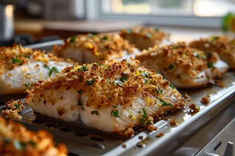 Filets de poisson panés et dorés, parsemés de persil frais et de zeste de citron. Un délice croustillant pour une friture poisson réussie.