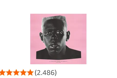 Copertina dell'album "IGOR" di Tyler, The Creator, con il suo volto in primo piano su sfondo rosa.