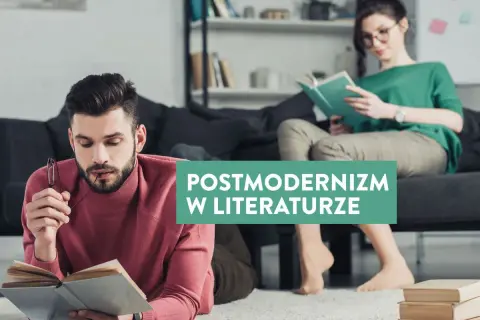 Mężczyzna i kobieta czytają książki, symbolizując postmodernizm w literaturze.