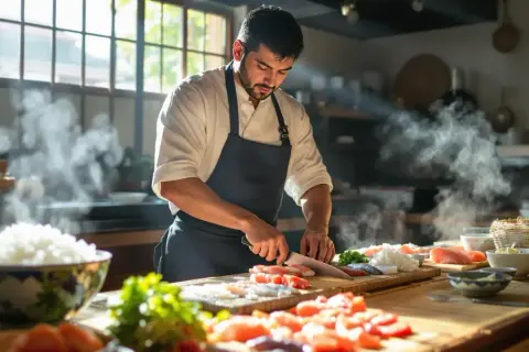 Szef kuchni kroi rybę, przygotowując się do zostania sushi masterem. Na stole ryż, warzywa i świeże składniki.