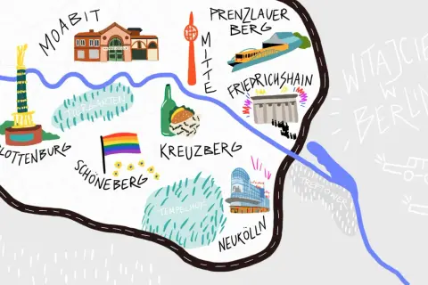 Mapa Berlina z zaznaczonymi dzielnicami: Moabit, Tiergarten, Mitte, Prenzlauer Berg, Friedrichshain, Kreuzberg, Schöneberg, Tempelhof, Neukölln, Charlottenburg, Treptower.