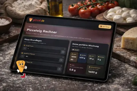 Tablet mit Pizzateig-Rechner und Zutaten wie Tomaten, Mozzarella und Parmesan.