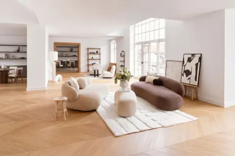 Moderne Wohnung mit organischen Formen und minimalistischen Möbeln. Verschiedene Wohnung Stil Arten werden hier vereint.