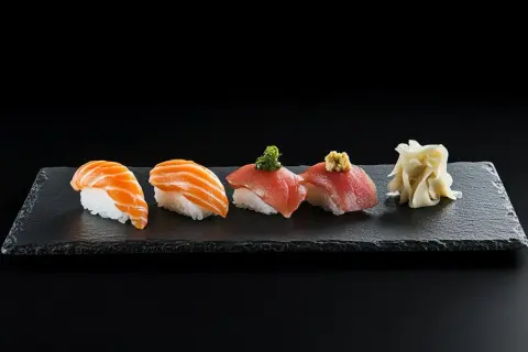 Sashimi-Nigiri mit Lachs und Thunfisch auf schwarzem Schiefer, daneben eingelegter Ingwer.