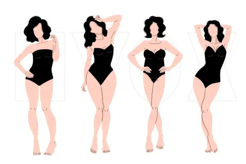 Quattro silhouette femminili in costume nero: una con fisico a rettangolo, una a clessidra, una a pera e una a triangolo invertito.