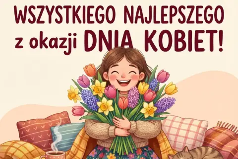 Uśmiechnięta dziewczynka z bukietem kwiatów, kotek i kubek gorącej czekolady. Wesołe życzenia na Dzień Kobiet od kobiety dla kobiety!