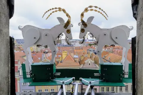 Dwie mechaniczne kozy na tle dachu poznańskiego ratusza.