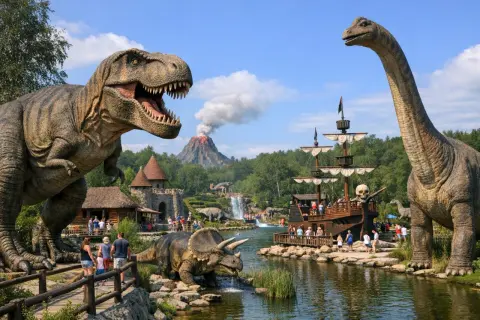 Park dinozaurów w Łebie: realistyczne modele T-Rexa, diplodoka i triceratopsa, piracki statek, wodospad i wulkan. Świetne łeba atrakcje dla dorosłych i dzieci.