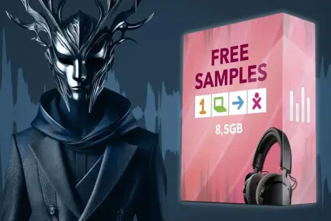 Ein mysteriöser Charakter mit Geweih-Maske und Kopfhörer neben einer Box mit "FREE SAMPLES" und 8,5 GB.