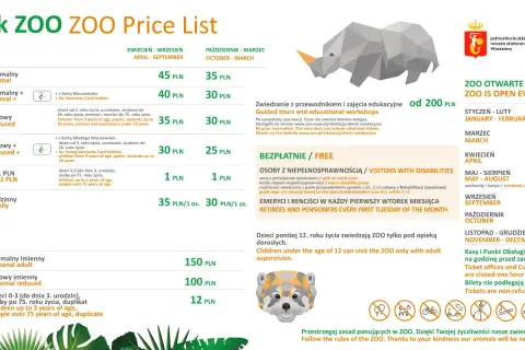 Cennik zoo Warszawa czas zwiedzania: bilety normalne, ulgowe, rodzinne, roczne. Godziny otwarcia zoo w zależności od miesiąca.