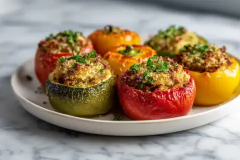 Assiette de petits farcis colorés, garniture dorée et persil frais. Un délice visuel et gustatif.