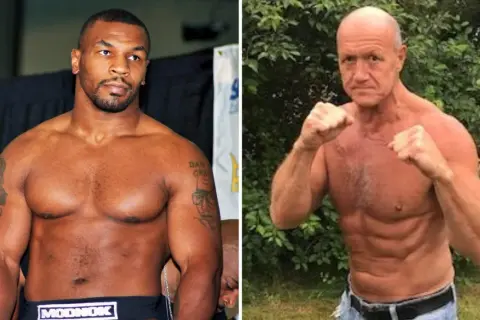 Håkan Brock i boxningsställning, bredvid en bild på Mike Tyson.