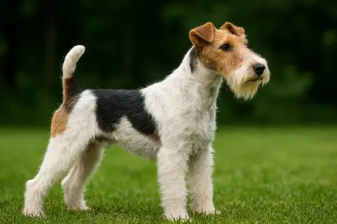 Uważny fox terrier szorstkowłosy stoi na trawie, z czarnymi i brązowymi łatami na białym futrze.