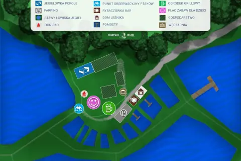 Mapa łowiska Jegiel z legendą: pokoje, parking, stawy, ognisko, punkt widokowy, bar, dom leśnika, pomosty, grill, plac zabaw, gospodarstwo, wędzarnia.