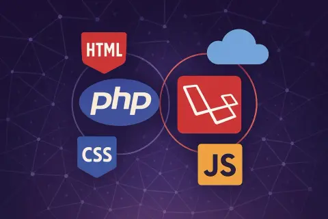 Grafika przedstawia ikony technologii webowych: HTML, CSS, PHP, JavaScript i Laravel. Programowanie PHP jest kluczowe dla tworzenia dynamicznych stron.