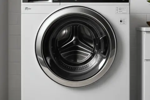 Biała pralka Whirlpool z widocznym bębnem i chromowanym pierścieniem.
