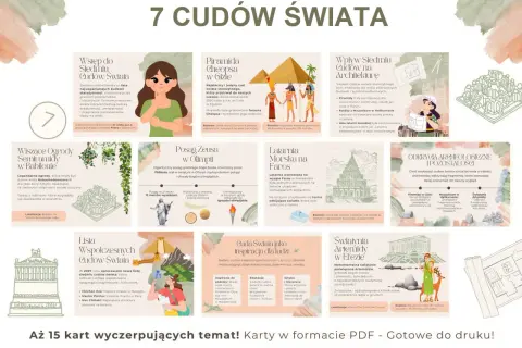 Ilustracja przedstawia 7 cudów świata starożytnego i nowożytnego, ich wpływ na architekturę i inspiracje dla ludzi.