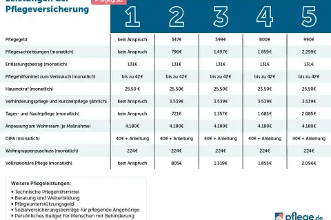 Leistungen der Pflegeversicherung: Tabelle zeigt monatliche und jährliche Kosten für verschiedene Pflegegrade, die durch eine Pflegeversicherung reform abgedeckt werden.