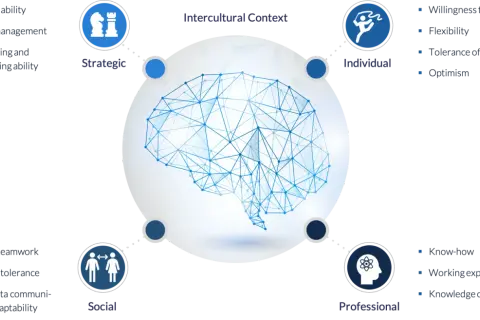 Schema zur Förderung kultureller Intelligenz: strategische, individuelle, soziale und professionelle Kompetenzen im interkulturellen Kontext.