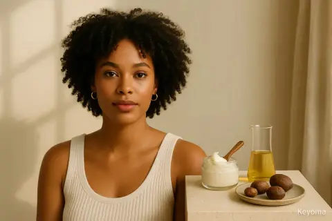 Mujer con cabello rizado junto a un tarro de manteca de karité para el pelo, aceite y nueces. Opiniones positivas sobre sus beneficios.