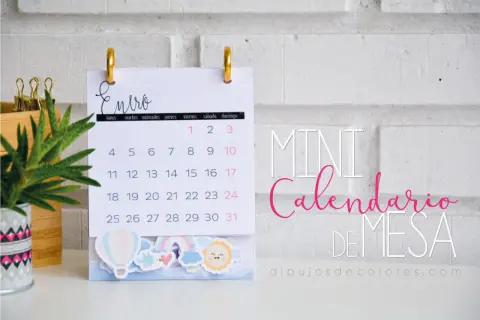 Mini calendarios imprimibles de enero con adornos de globos y arcoíris.