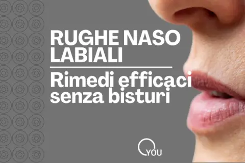 Primo piano di un volto con rughe naso labiali, tipiche dei 40 anni. Testo: "Rughe naso labiali. Rimedi efficaci senza bisturi.