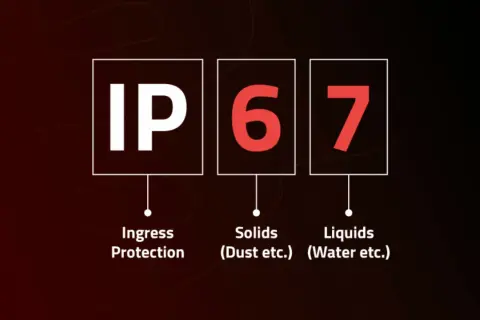 Indice de protection IP67 : le 6 signifie une protection totale contre la poussière, le 7 contre l'immersion temporaire dans l'eau.