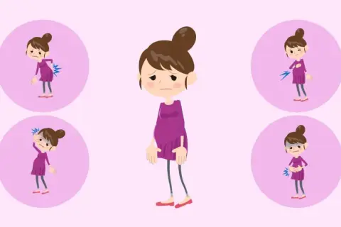 Ilustración de una mujer embarazada con dolores comunes: espalda, cabeza, pecho y abdomen.