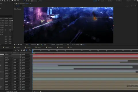 After Effects timeline showing layers for a scene with fire flares, fog, and 3D camera tracking, a common setup for visual effects work.