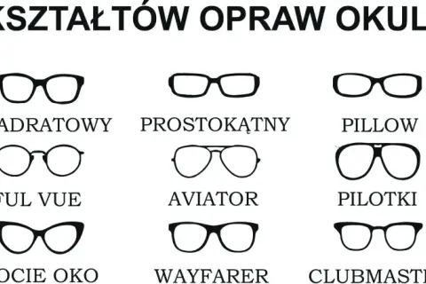 Ilustracja prezentuje różne rodzaje okularów: owalne, kwadratowe, prostokątne, pillow, nieregularne, wrap, ful vue, aviator, pilotki, okrągłe, pantos, kocie oko, wayfarer, clubmaster i motyl.