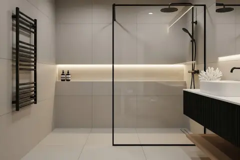 Nowoczesna łazienka z deszczownicą. Elegancka armatura i minimalistyczny design.