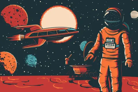 An astronaut stands on a red planet, gazing at a retro futuristic spaceship and alien worlds under a starry sky.